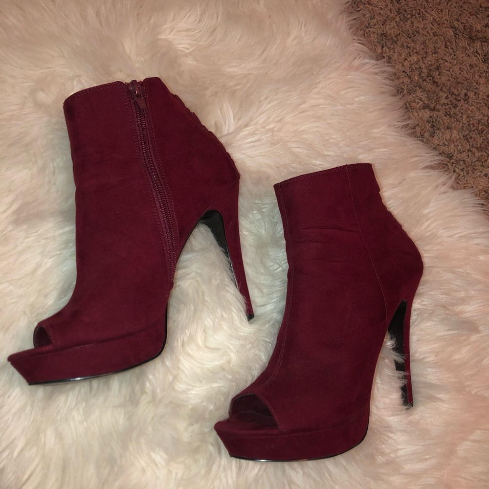 Burgundy open toed booty heels